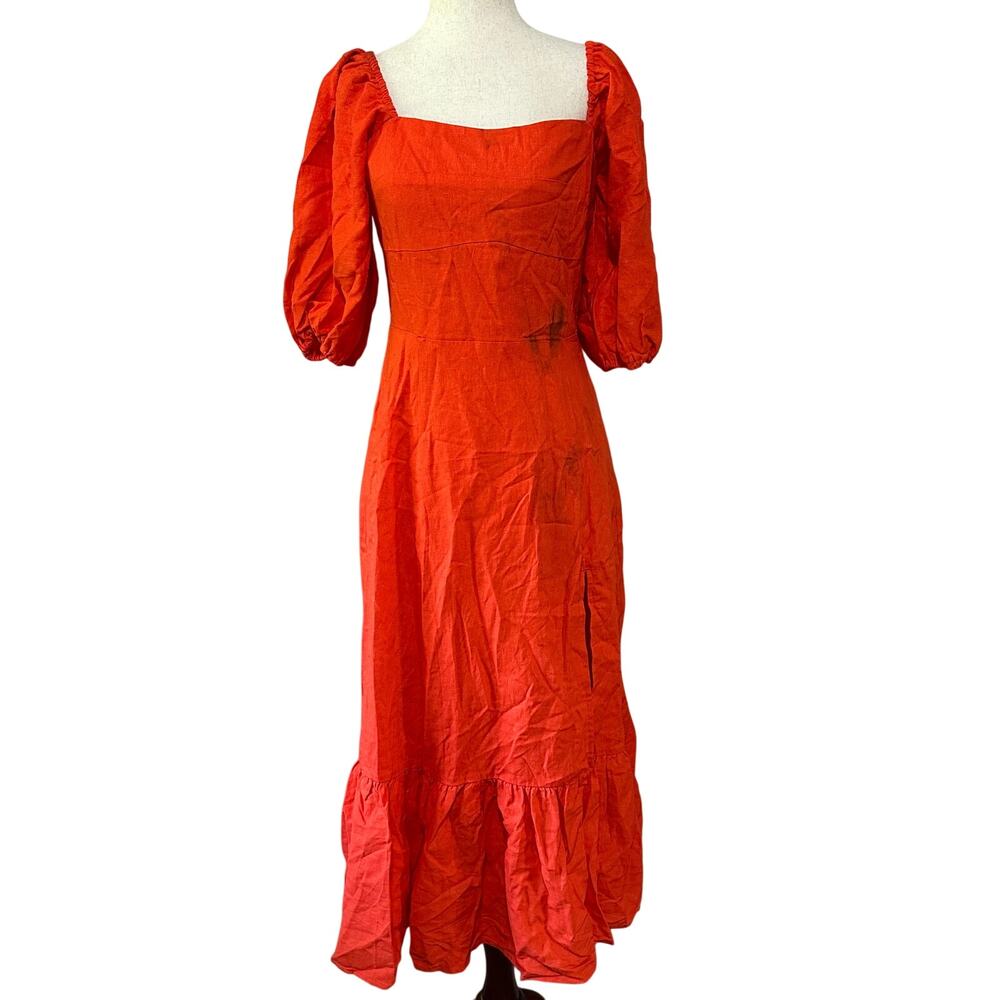 AVEC LES FILLES Women's Puff Sleeve Midi Dress Size 10 In Orange Coral
